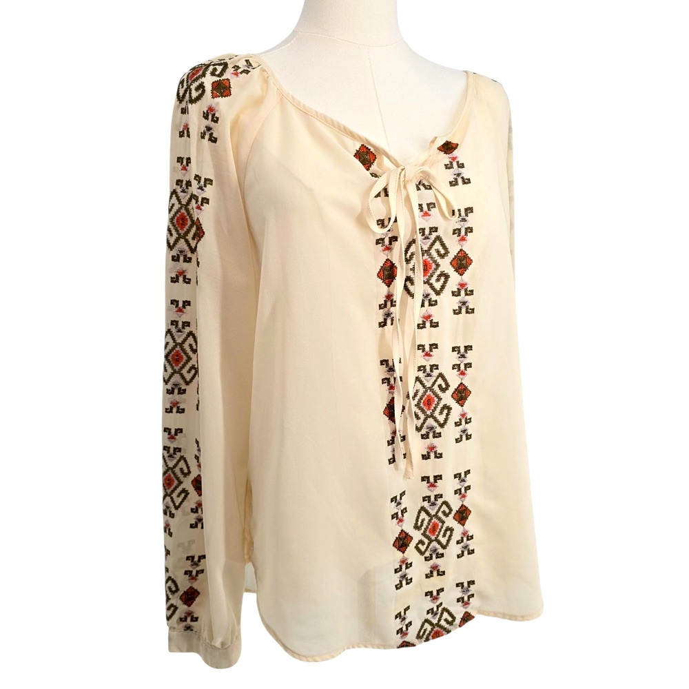 Blu Pepper Cream Embroidered Semi Sheer Boho Tie-Neck Long Sleeve  Blouse Size L
